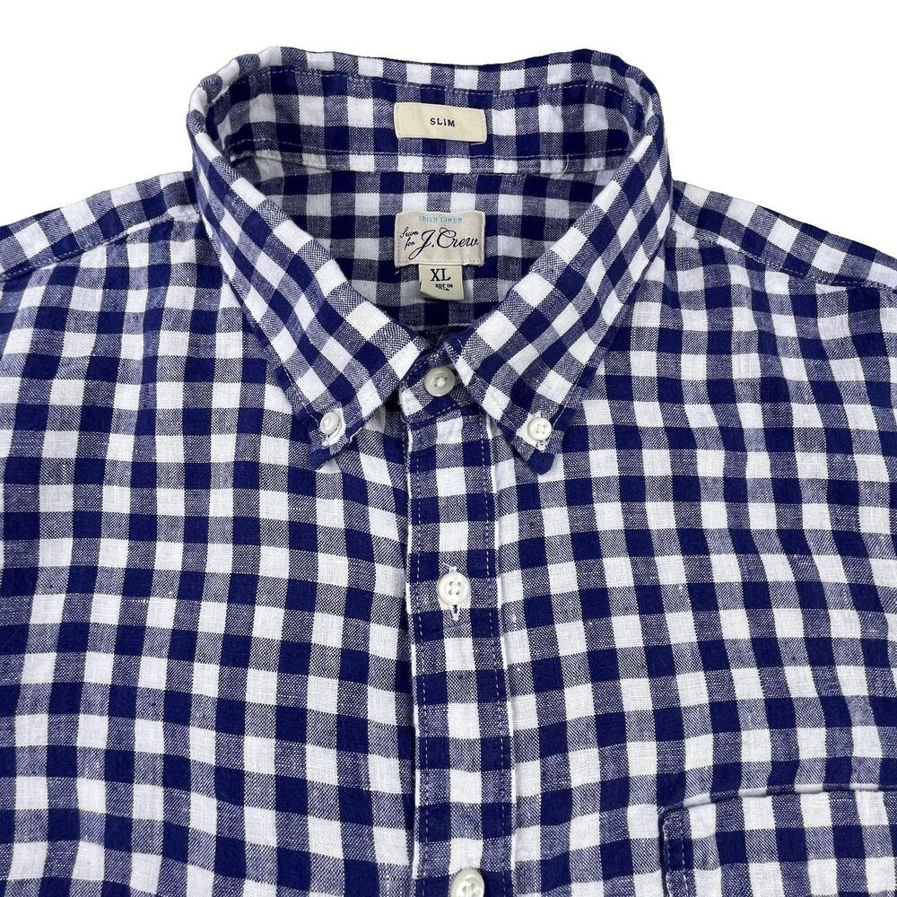 J.Crew Baird McNutt Irish Linen Shirt Men XL Blue White Plaid Button Long Sleeve